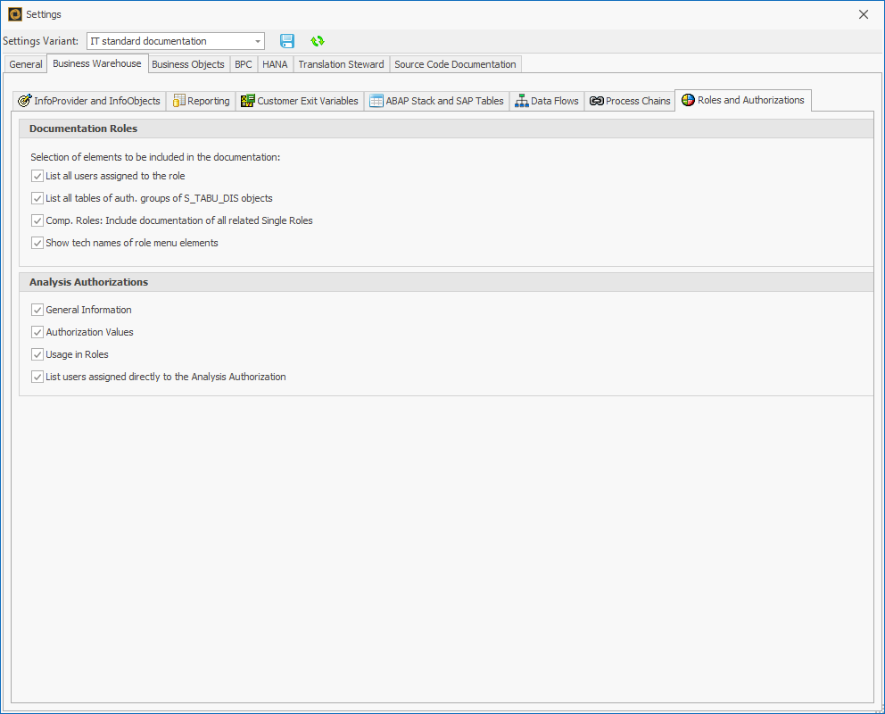 Roles and Authorization settings in the Business Warehouse tab of the Settings