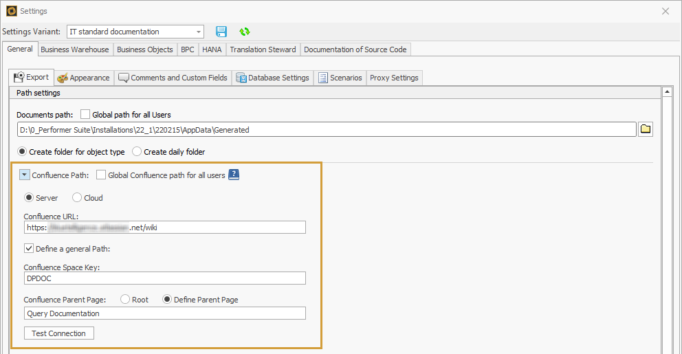 General export settings with maintained Confluence path