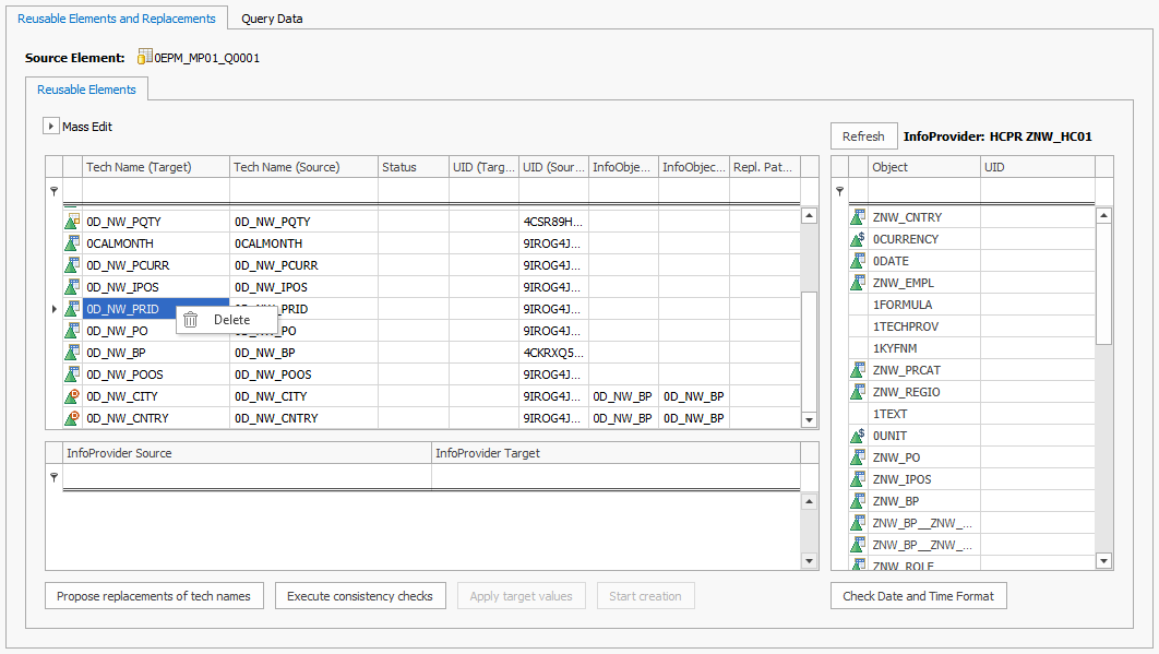 Delete option in the context menu of a Query element in the Query copy function