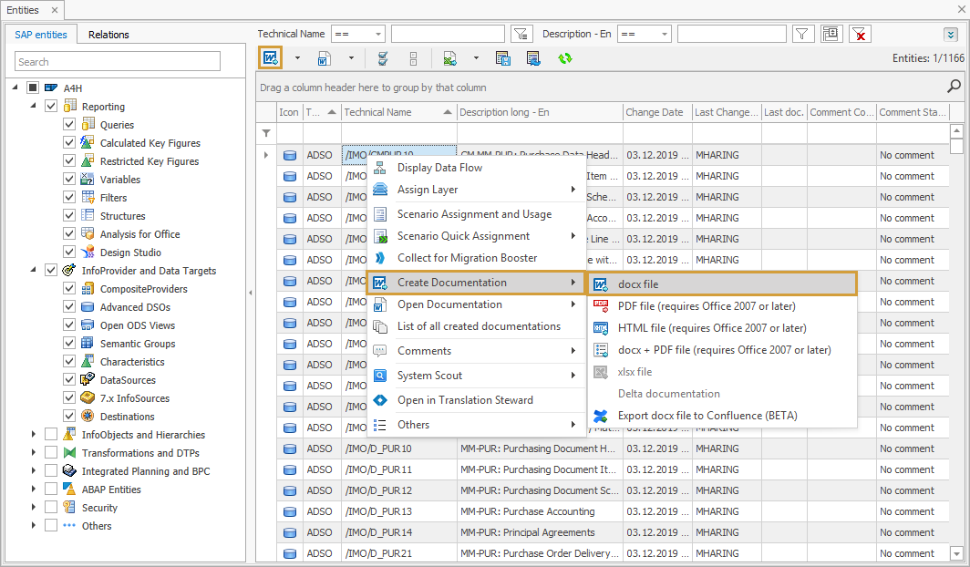 Create Documentation in the toolbar of the Main Grid and in the context menu of an object