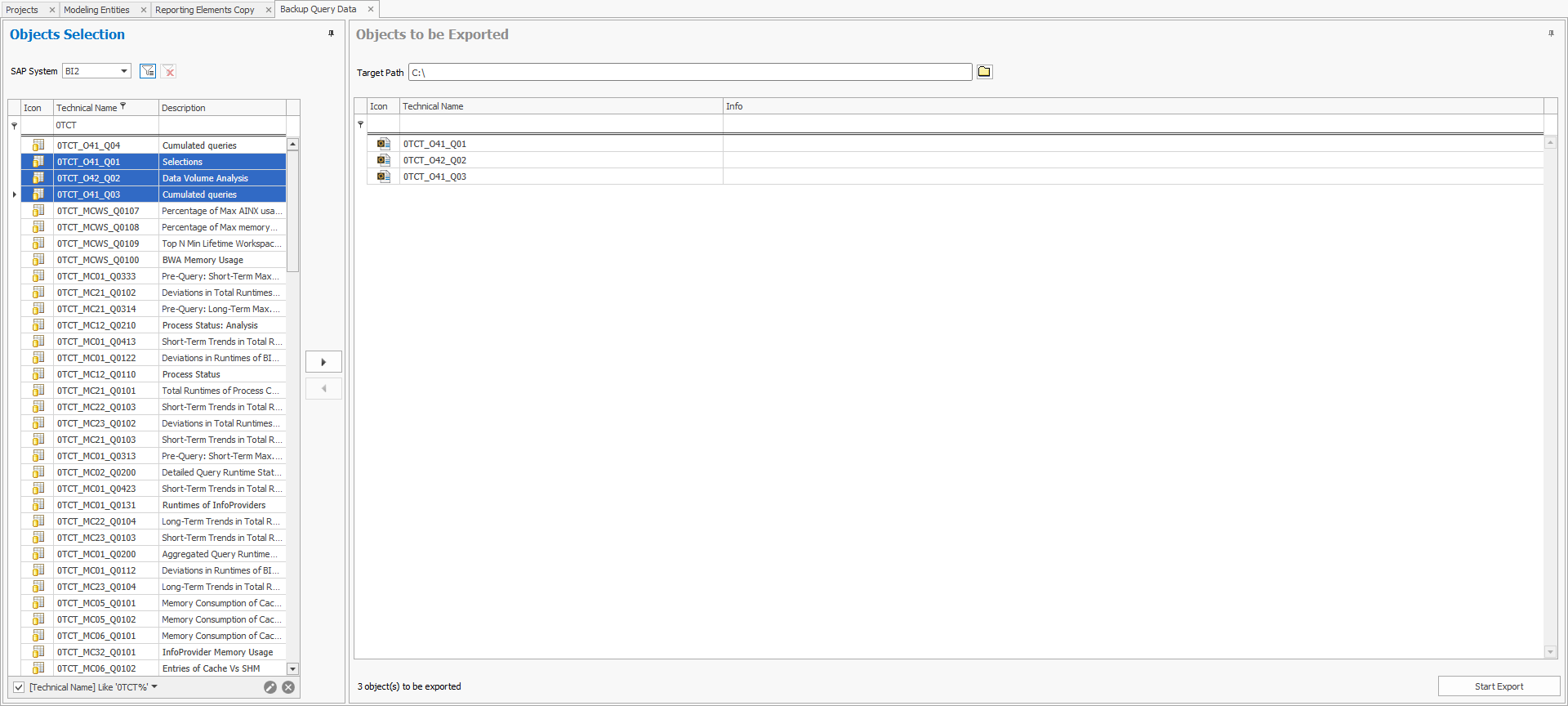 Query Data Backup area with System and Query selection on the left and export area on the right