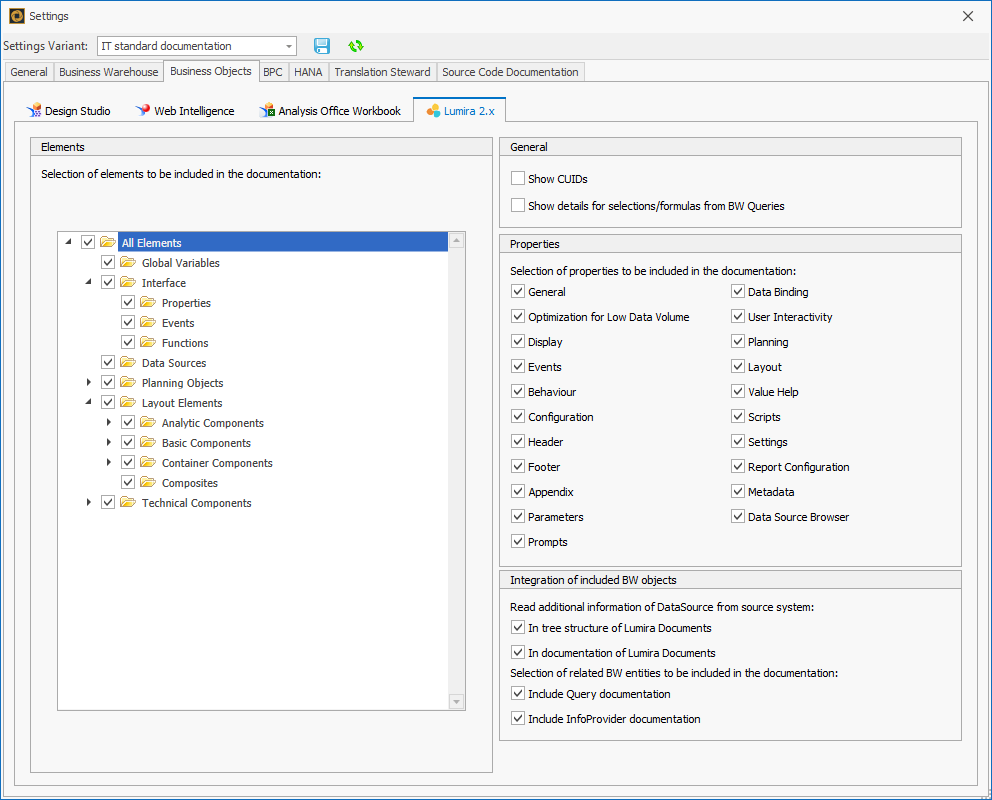 Lumira 2.x export settings in the Business Objects settings