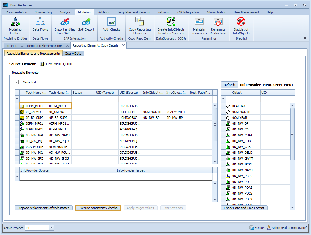 List of all elements contained in the Query with current and new technical name and consistency check button