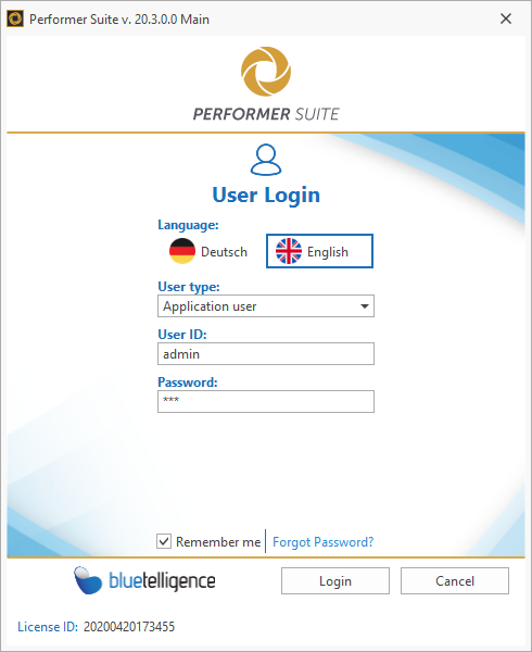Login Window with Application user selected as user type