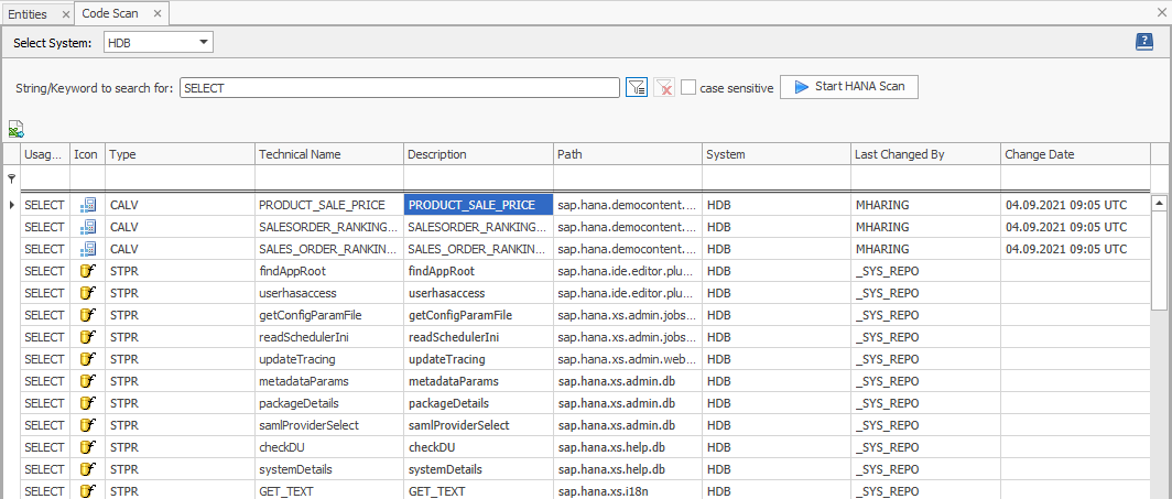 Usage of select in the code of the HANA system