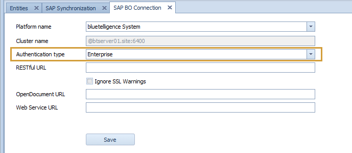 Default Authentication type set to Enterprise in the BO Connection Settings