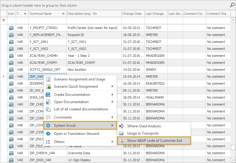 Show ABAP code function in the context menu of variables in the main Grid