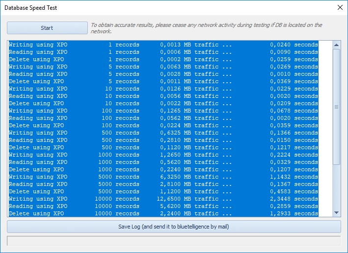Database Speed Test checking Writing, reading and deleting speeds