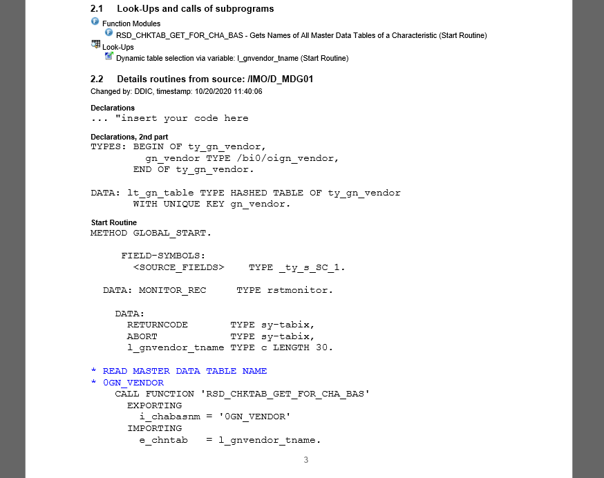 Source code in the word documentation of a BW object