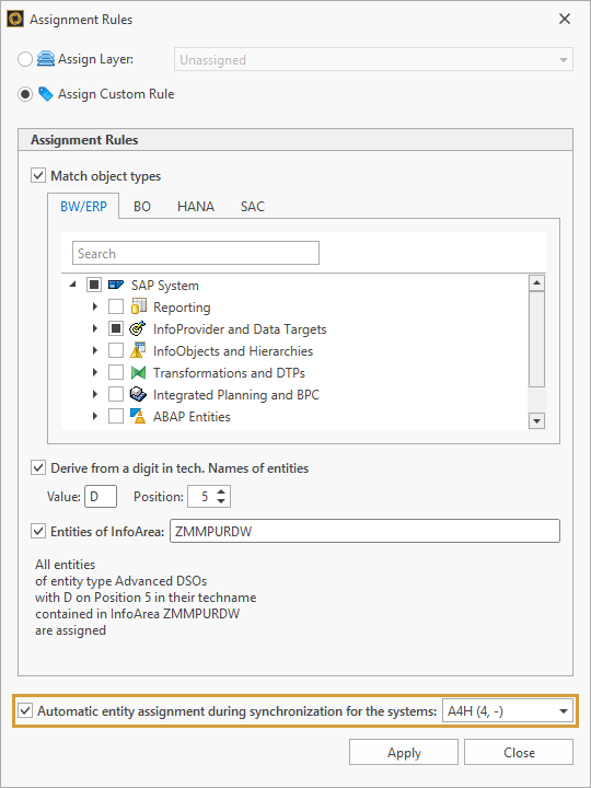 Automatic assignment of entities during sync with system selection in the Assignment Rule settings