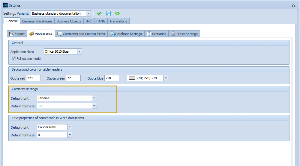 Comment Settings to set Default font and default font size