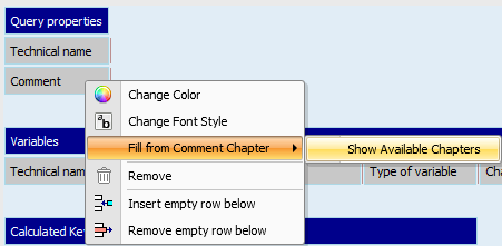 context menu of the comment element with fill from comment chapter