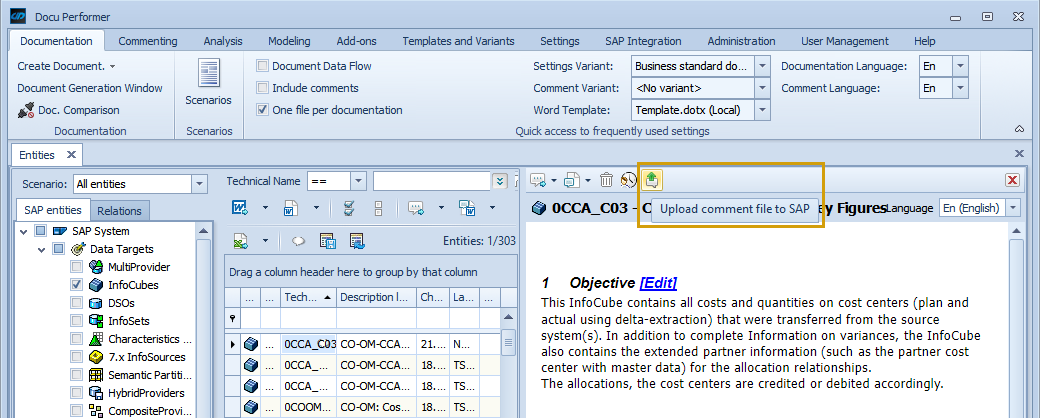 Export comment to SAP button in the comment of an entity