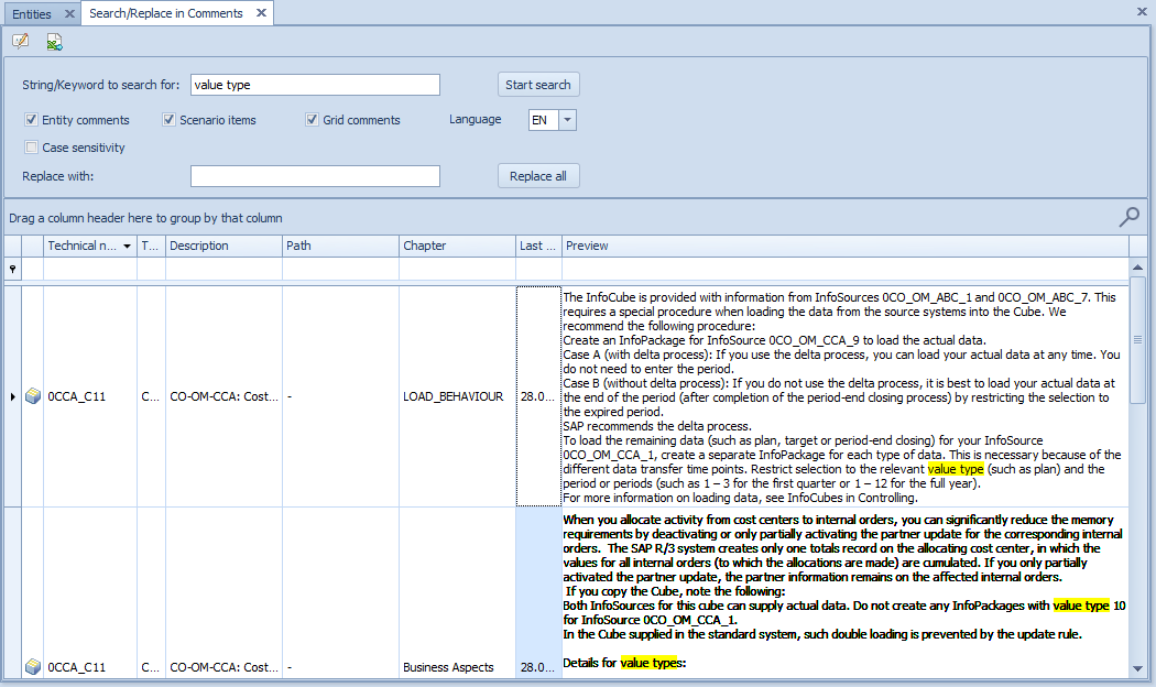 Search for value type with multiple results in comments