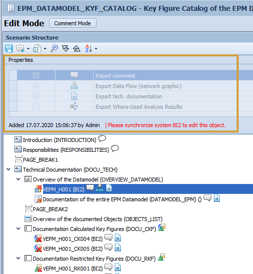 Scenario structure with unsynchronized objects and a prompt to synchronize the SAP System