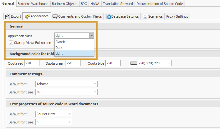 Application skin selection between classic, dark and light