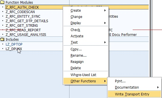 Writing the Function modules to the transport via the context menu