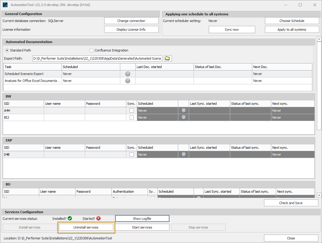 Automation Tool with Uninstall services button marked