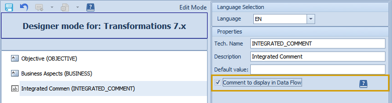 Comment to display in Data Flow option in the comment template designer for Transformations