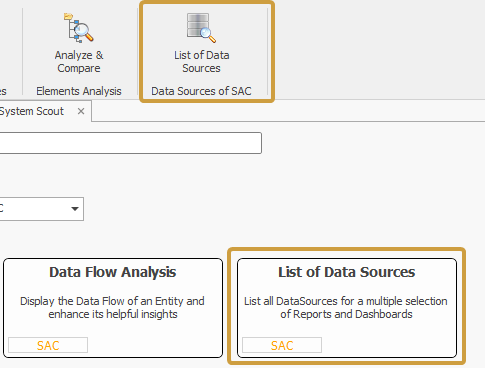 List of Data Sources in the System Scout ribbon and search