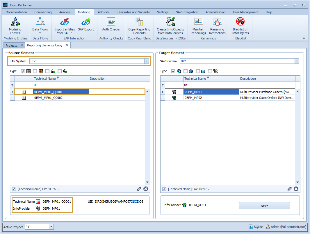 Source Element area with selection of the system, object type and Reporting Object