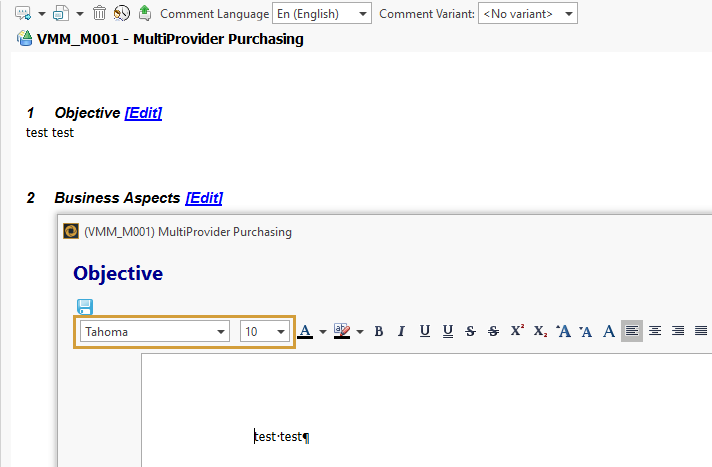 Font and font size settings in the comment editor of the Performer Suite
