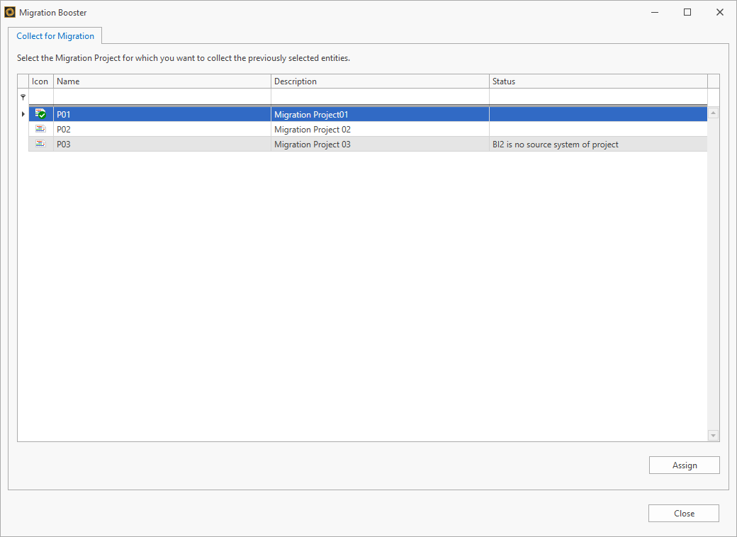 Dialog to select the Migration Project the objects should be added to