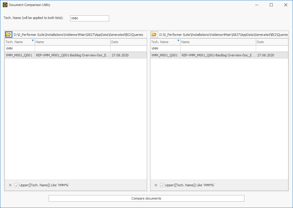 document comparison window with two documentations selected for comparison