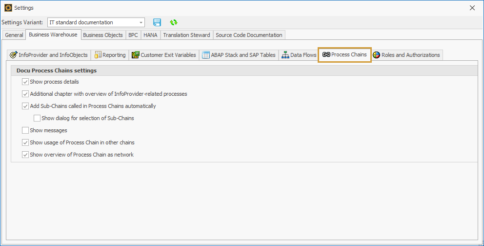 Process Chains Settings in the Business Warehouse tab of the settings
