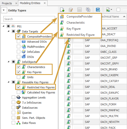 Selected Object types in the entity tree appearing in the new object dropdown