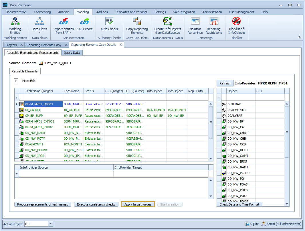 Successful Consistency check and Apply target values button now activated