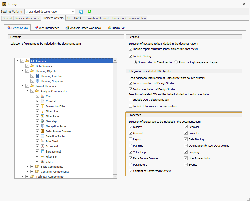 Selection wich properties should be included in the documentation of Design Studio Reports
