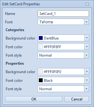 Properties dialog window to set name, background colors and fonts