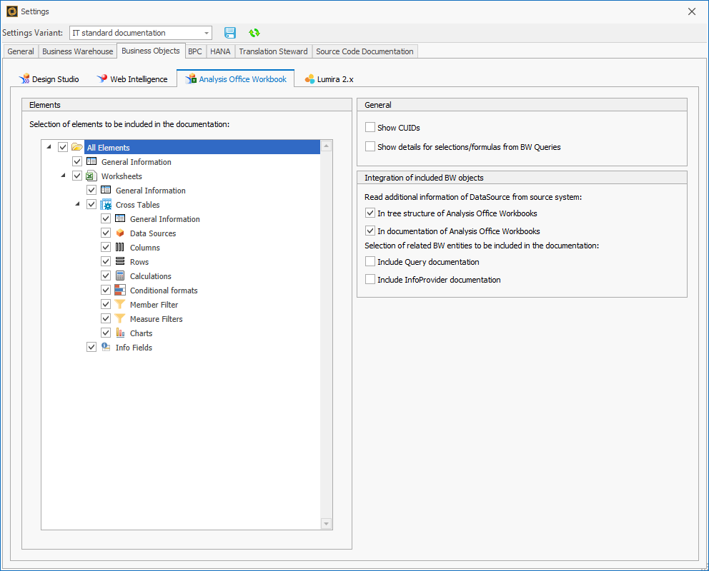 Analysis for Office export settings in the Business Objects settings