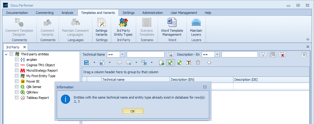 Info, that objects with the same type and technical name already exist