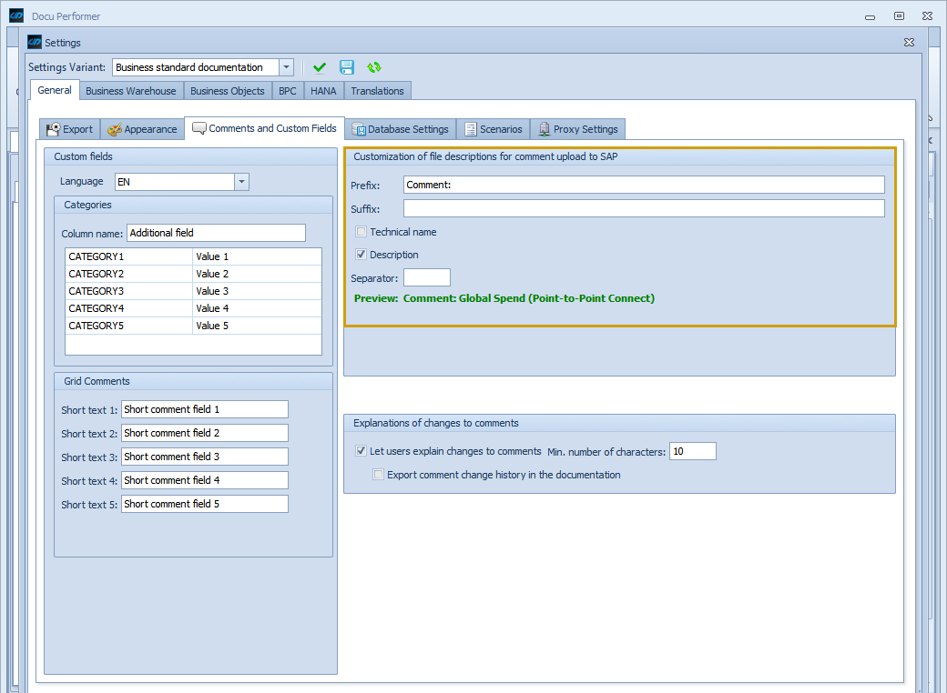 File description settings for uploaded comments in the Comments tab of the general settings