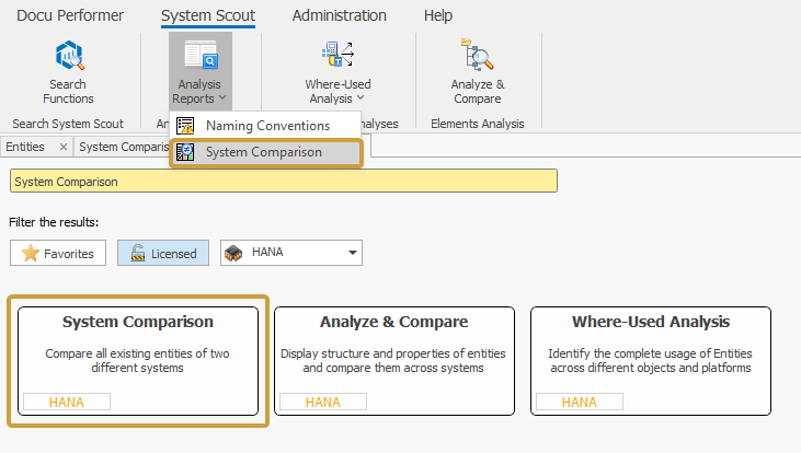 System Comparison in the Analysis Reports dropdown and the