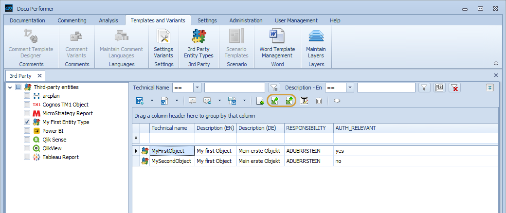 Excel up- and download buttons in the toolbar