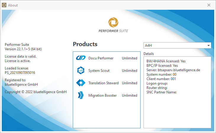 License and Connection details in the about window