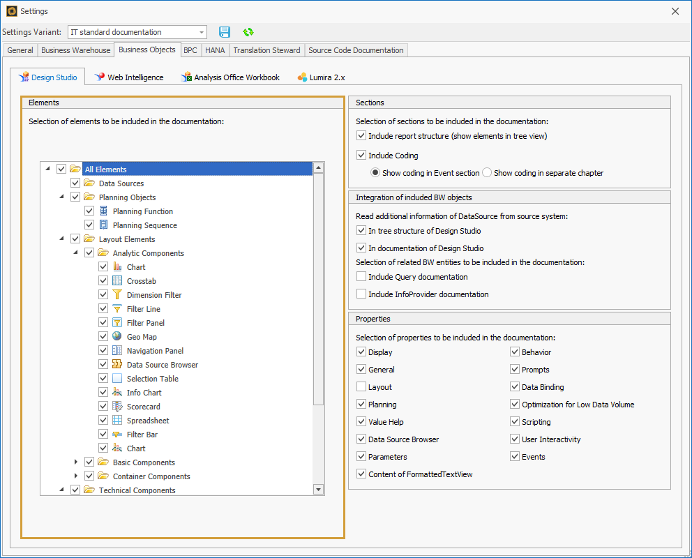 Element selection for the documentation of Design Studio Reports in the BO settings