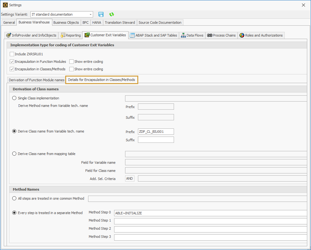 Details for encapsulation in Classes or Methods in the Customer Exit variables tab of the BW Settings