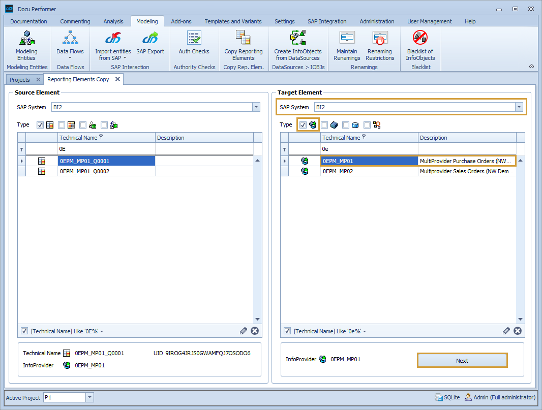 Target element area with selection for the system, InfoProvider type and InfoProvider