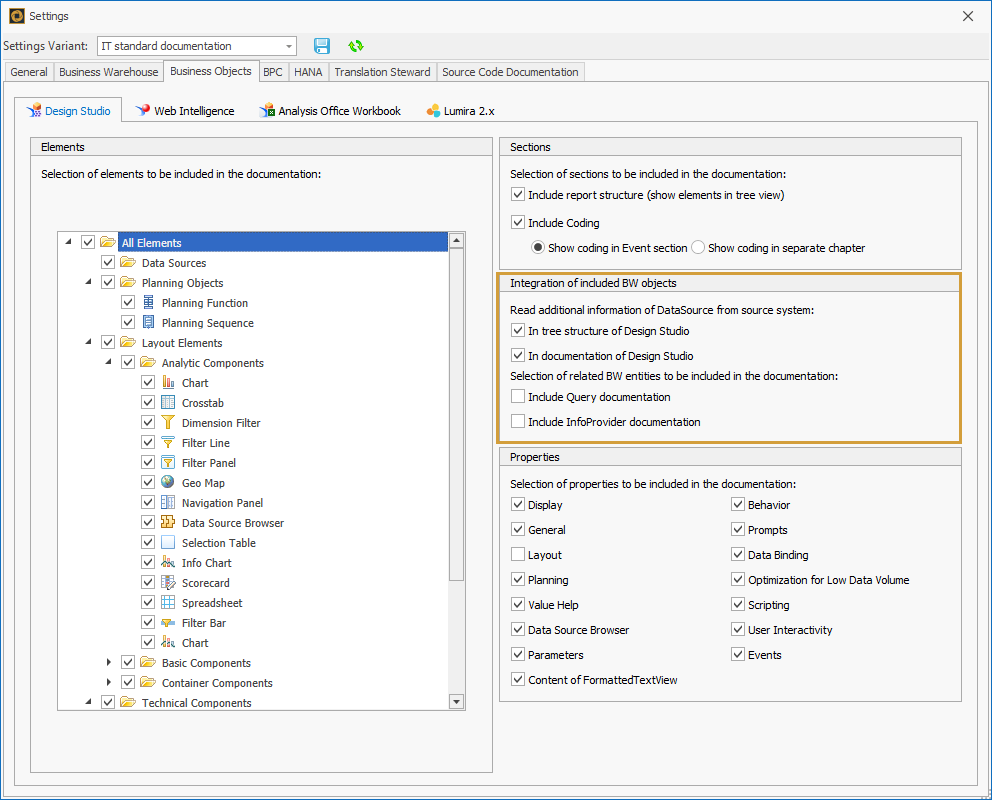 Settings how to include BW Objects in the Documentation of Design Studio reports in the BO settings