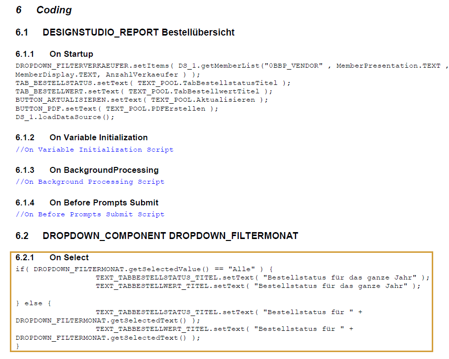 Coding in a separate chapter in the documentation of a Design Studio Report