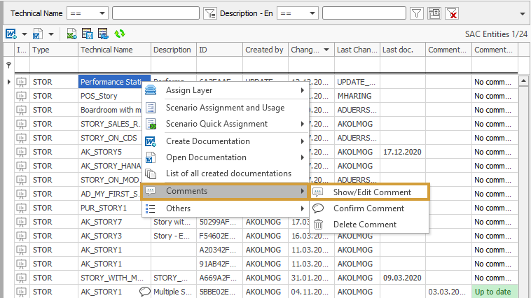 Comments submenu and show comment in the context menu of an SAC Story