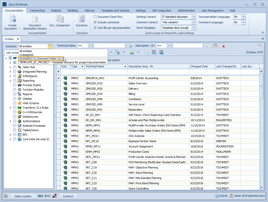 Scenario selection in the main entity grid