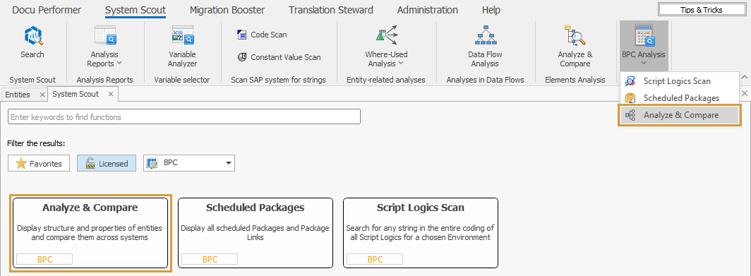 Analyze and Compare in the BPC Analysis dropdown of the System Scout ribbon and in the search