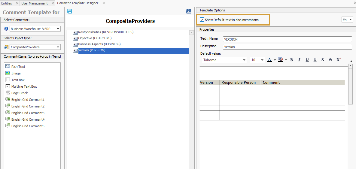 Option to show default text in documentations activated in the comment template