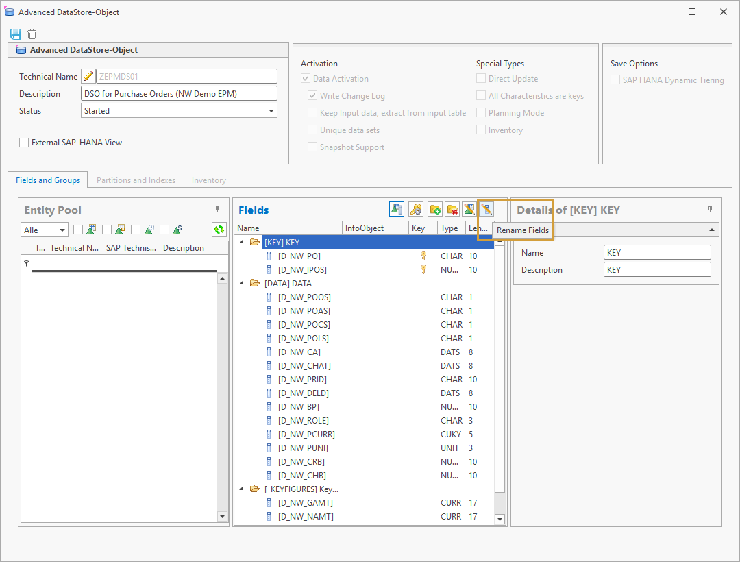 Rename fields button in the Editing window of an ADSO