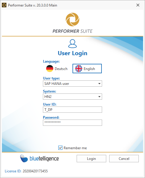 Login window with SAP HANA user selected as user type and system selection